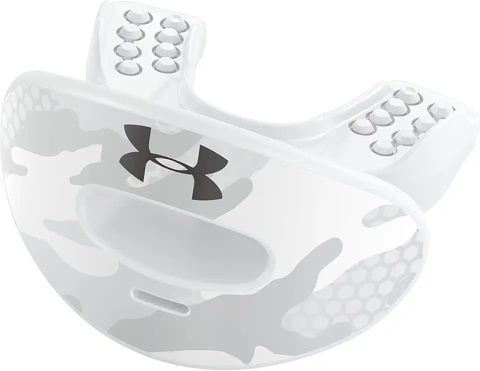 Under Armour Football Lip Guard - Mouthpiece with Strap, Full Mouth Protection for Braces - White Camo