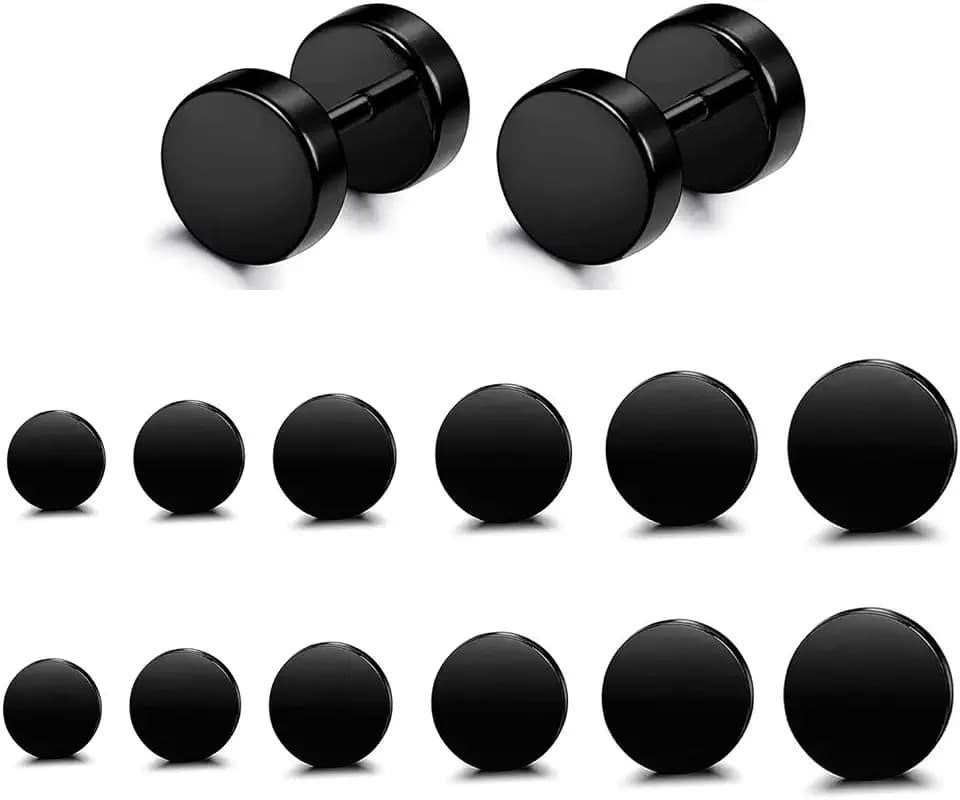 FIBO STEEL Black Stud Earrings for Men Women Stainless Steel Fake Ear Gauge