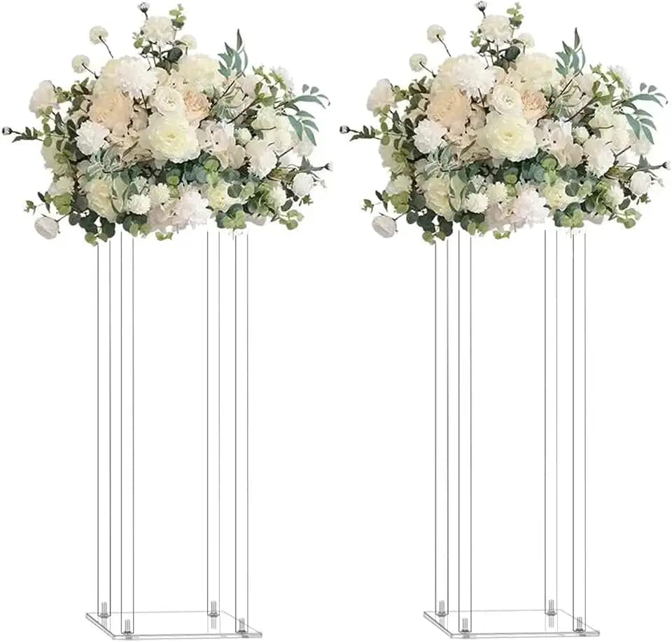 2 Pack 32'' Tall 10'' Dia. Clear Floor Vase Wedding Decoration Table Centerpiece Crystal Acrylic Flower Stand Floral Display Rack Backdrop Column for Event Décor