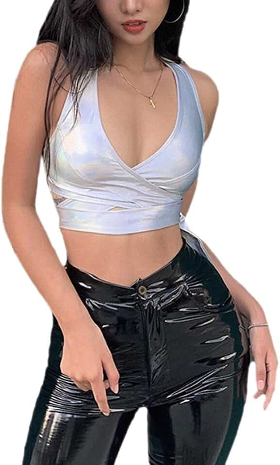 Womens Crop Tops Tank Metallic Reflective Holographic Tank Top for Rave Festival Club