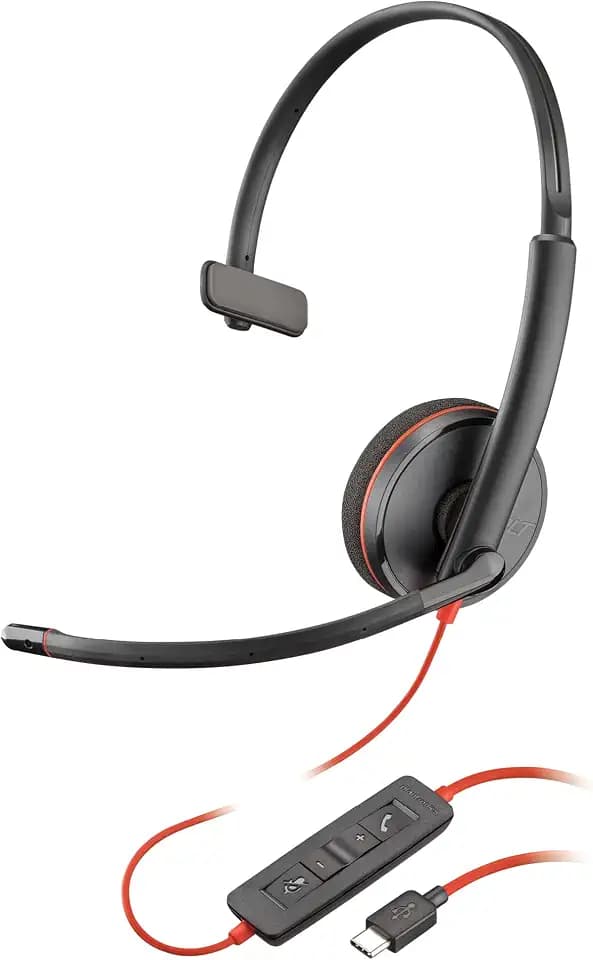Schnurgebundenes USB-C-Headset Poly Blackwire 3210 – Noise Cancelling-Mikrofon – Ein-Ohr-Design – Verbindung mit PC/Mac über USB-C oder USB-A – Kompatibel mit Teams, Zoom