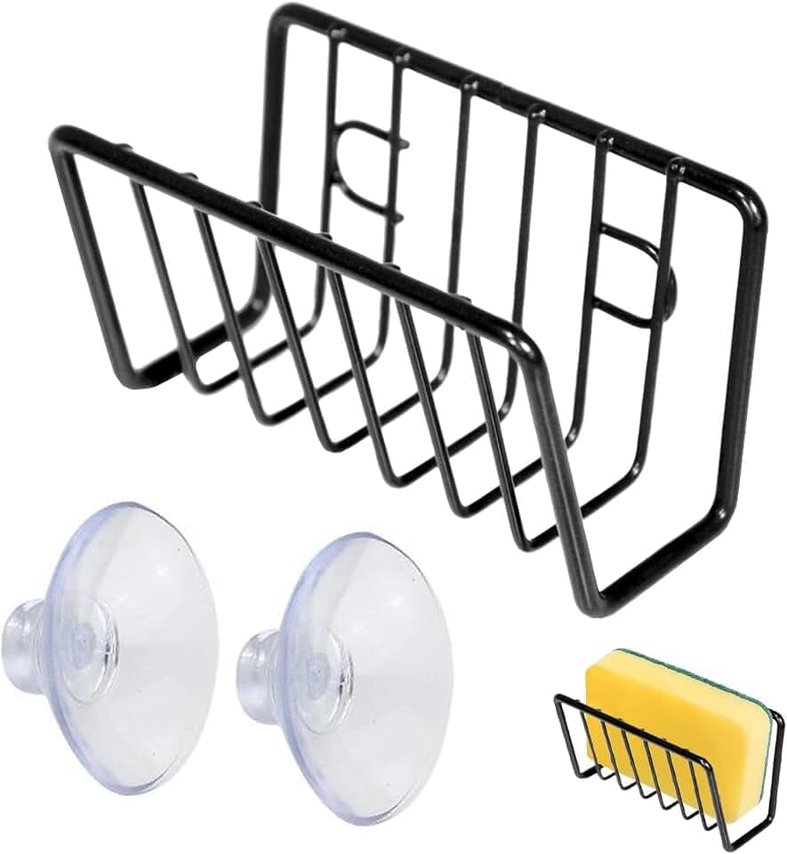 Sponge Holder For Kitchen Sink, Iron & Stainless Steel Sponge Holder With Powerful Suction Cups, Sink Caddy Organizer For Sponges, Scrubbers, Dish Brush, Soap