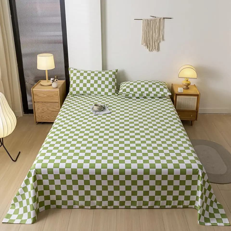 Wellboo Green White Plaid Bed Sheet Set Full Size Sage Green Checkerboard Grid Flat Sheets Women Men Modern Grass Green and White Checkered Geometric Fitted Sheet with 2 Pillowcases 4 PCS Luxury Bed