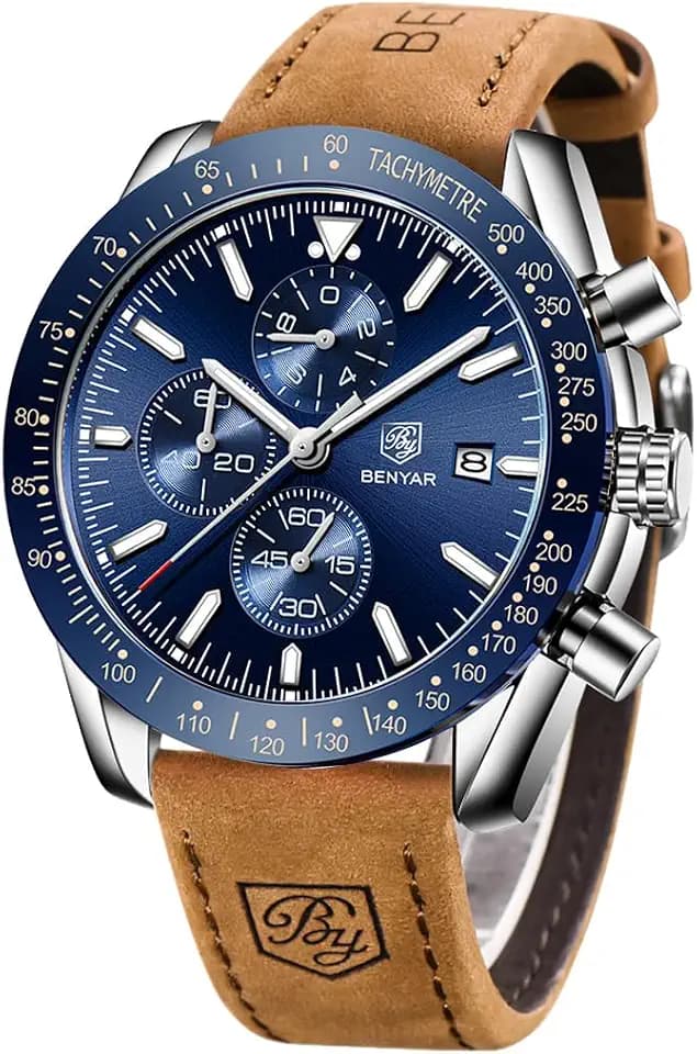 BENYAR Classic Fashion Quartz Chronograph Watch Casual Sport 30M Waterproof Leather Band Mens Watches