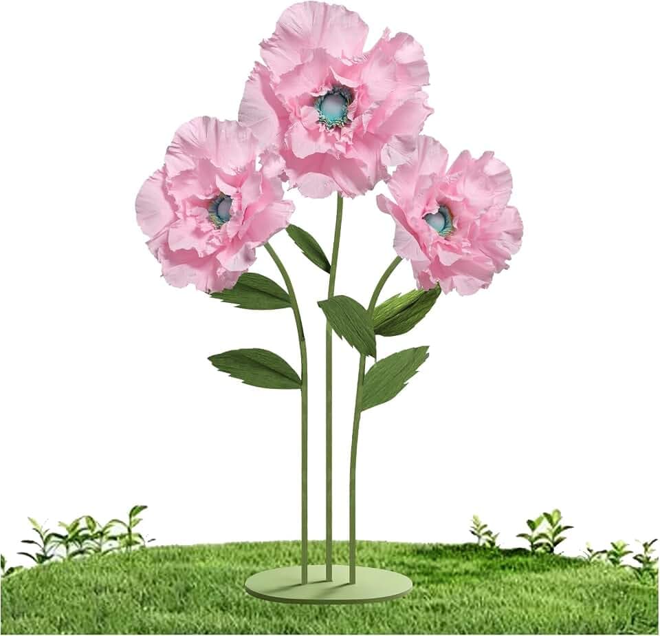 Mverse Giant Flower with Heavy Duty Iron Base Stand, Aluminum Pipe Stems | Large Artificial Poppy Paper Flowers Decorations for Outdoor Wedding, Party, Home Décor (Blush Pink)