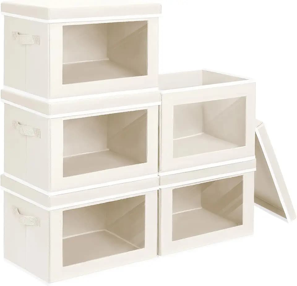 Homsorout Storage Bins with Lids - Medium Storage Box with Lids, Foldable Closet Boxes for Organizing, Stackable Clothes Organizer with Window, Cubes Bins for Living Room, 5 Pack, Beige