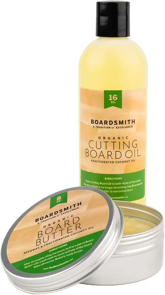 The Boardsmith Organic Cutting Board Oil and Board Butter Set - Organic Fractionated Coconut Oil and Food Grade Beeswax Wood Conditioner - Plant-Based Butcher Block Conditioner - Made in USA