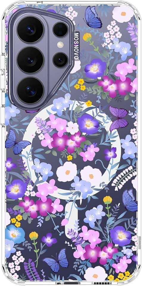 MOSNOVO for Samsung Galaxy S26 Ultra Clear Case, Fit for MagSafe, 6.6ft Military-Grade Shockproof Magnetic Protective Phone Cover,Purple Peri Nemophila Flower