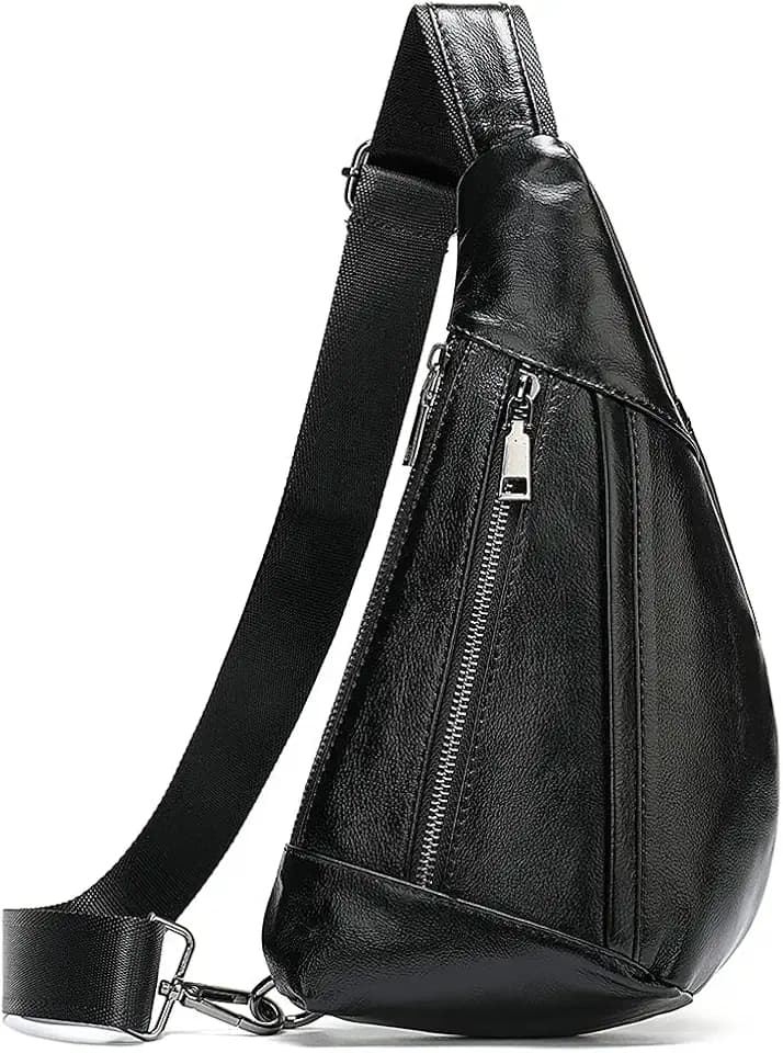 Hebetag Leather Crossbody Sling Bag for Men Women Single Shoulder Chest Pack Backpack Outdoor Travel Camping Casual Daypack Black