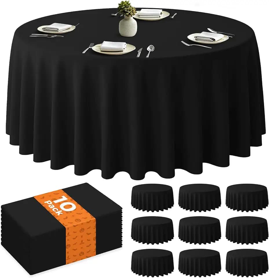CXPSINC 96 Inch Disposable Plastic Tablecloth Black, 10 Pack Round Premium Table Covers for Dining, Wedding, Party, Picnic, Indoor & Outdoor Use – Waterproof, Easy Clean (Black, Round-96)