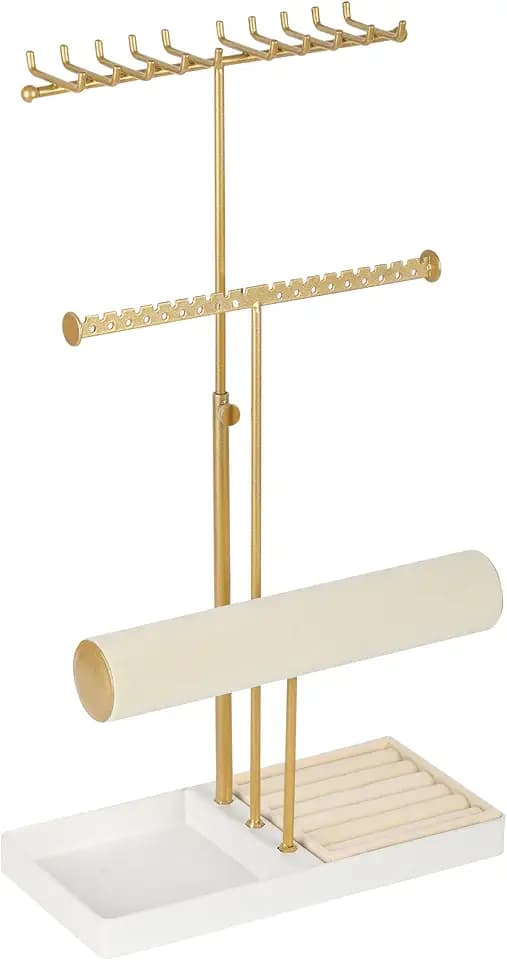 Tirzah 3-Tier Adjustable Jewelry Holder Organizer Stand with 20 Necklace Hooks, 18 Earring Holes and Notches, Bracelet Holder, 6 Ring Rolls, Jewelry Tray for Girls, Women