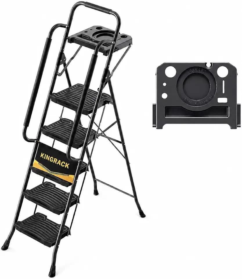 KINGRACK 5 Step Ladder with Tool Platform, 900 lbs Sturdy Step Stool with Handrail, Folding Steel Ladder with Wide Pedal, Safety Ladder for Adults Home Outdoor Painting Garage Office
