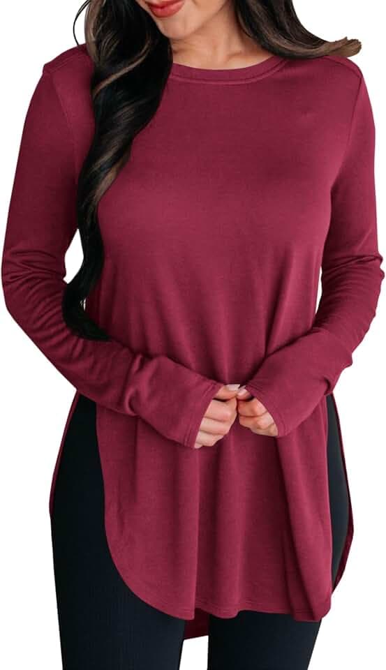 BZB Womens Long Sleeve Shirts Side Split Tunics Tops to Wear with Leggings