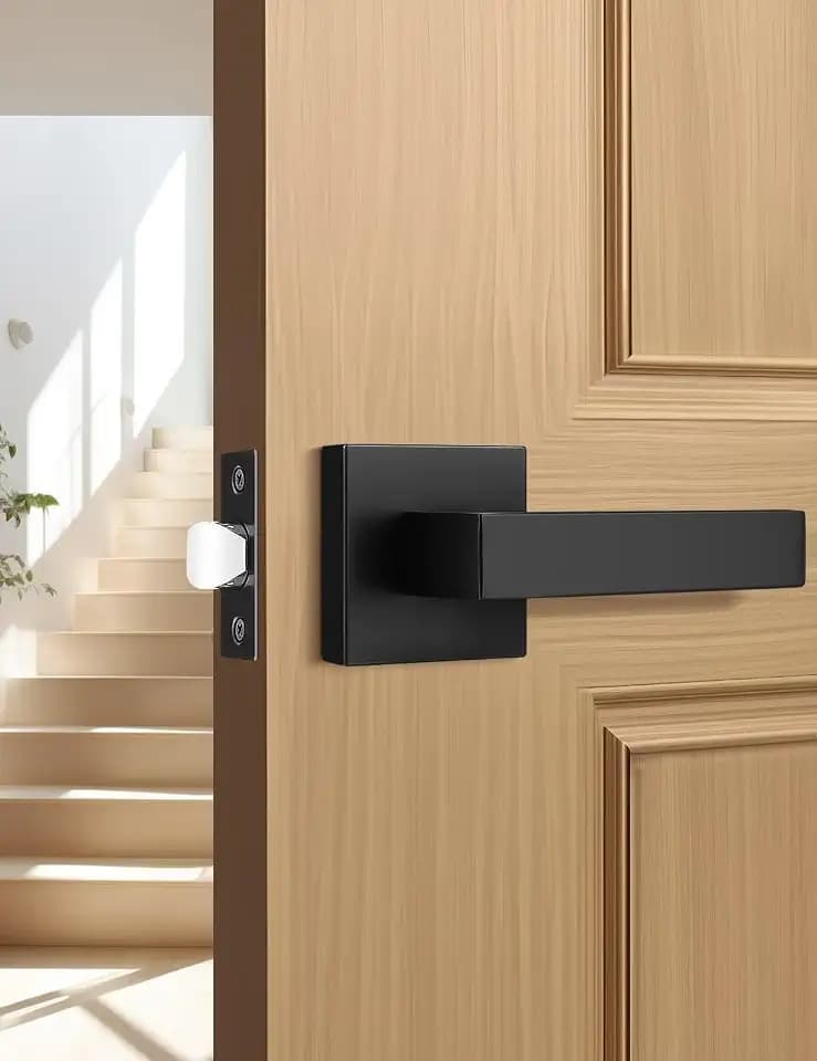Tinewa Square Black Door Handles Interior, No Lock Passage Door Lever for Left or Right Handing, Heavy Duty Matte Black Closet Door Handle Set, 1 Pack