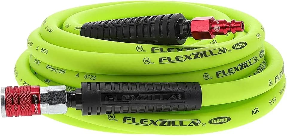 Flexzilla Air Hose with ColorConnex Industrial Type D Coupler and Plug, 3/8 in. x 25 ft., Heavy Duty, Lightweight, Hybrid, ZillaGreen - HFZ3825YW2-D