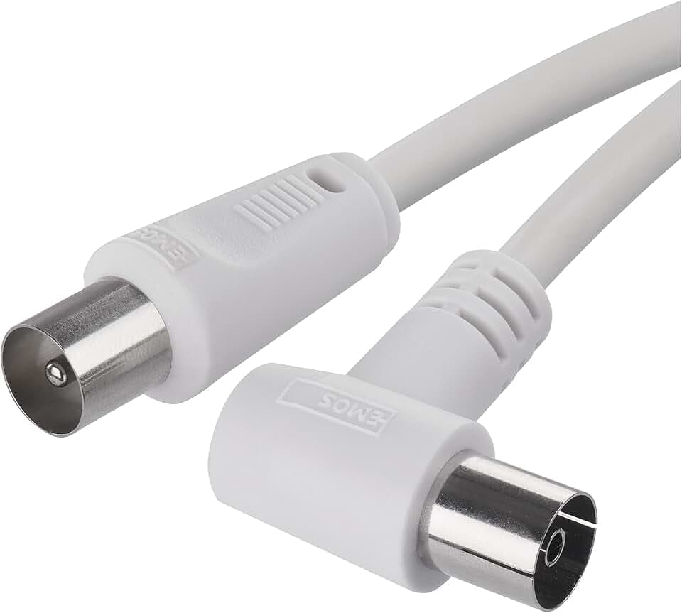 EMOS Antennenkabel, Koaxialkabel, Fernsehkabel 3,5 m, Koax-Kabel für Digitales Fernsehen, TV, Receiver, SAT, doppelt abgeschirmt, gerader Koax-Stecker auf gewinkelte Koax-Buchse (90° Grad)