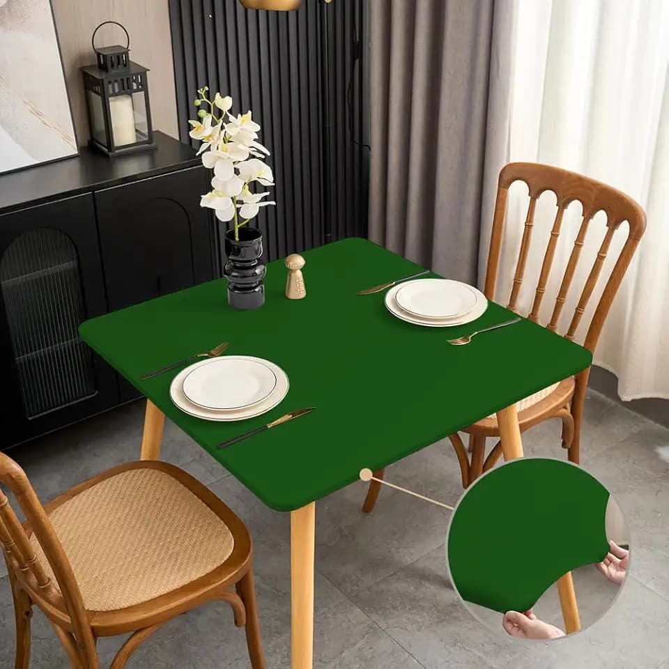 Solid Color Green Square Tablecloth 48x48 Inch Fitted Patio Coffee Table Cover with Elastic Stretchy Washable Fabric Outdoor Table Cloth Wrinkle Free Non Slip