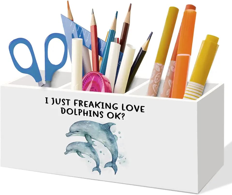 Cute Dolphins Gifts for Women Pen Holder for Home Office Desk, I Just Freaking Love Dolphins Office Desk Decor,Sea Animals Themed Makeup Brush Toothbrush Holder Organizer for Home Bathroom
