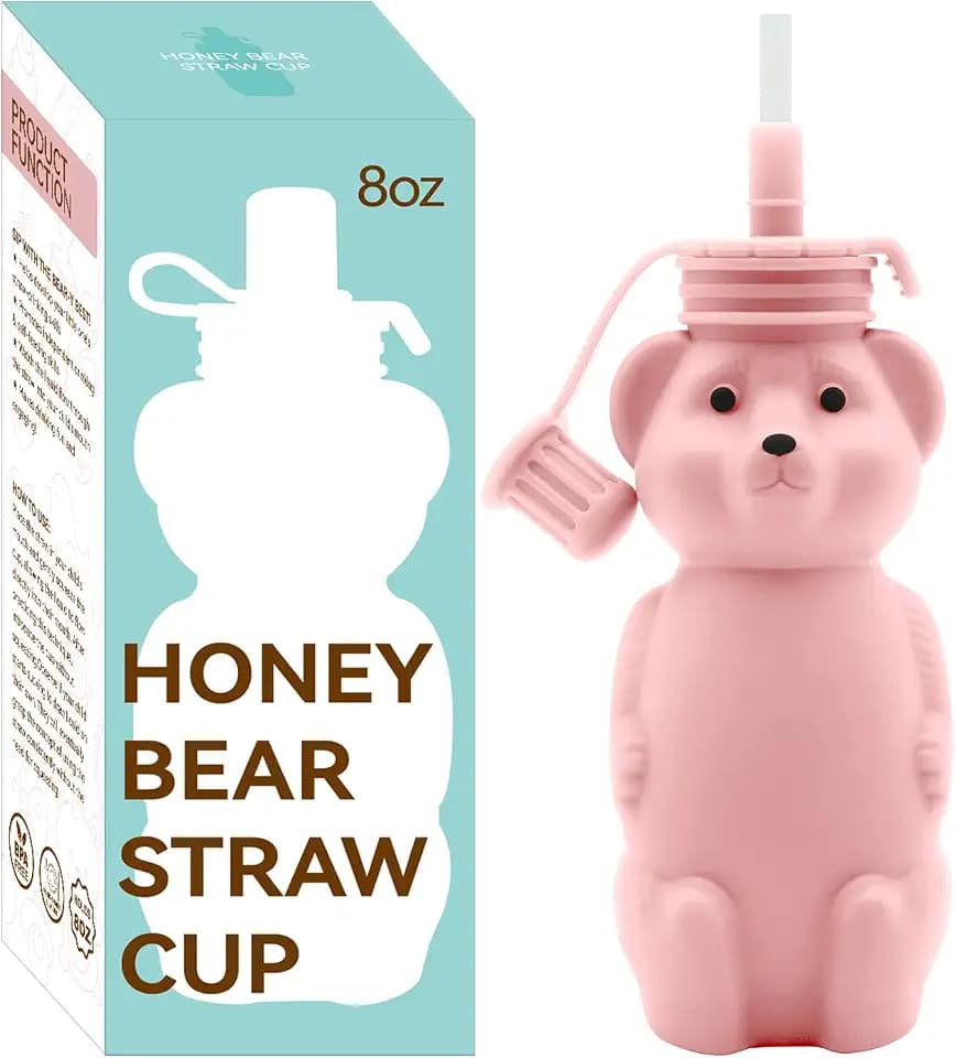 Mootikar Honey Bear Silicone Straw Cup, Babies Water Drinking Cup, 8-Ounce Therapy Sippy Bottles for Speech and Feeding Training, BPA Free & Dishwasher Safe (PINK)