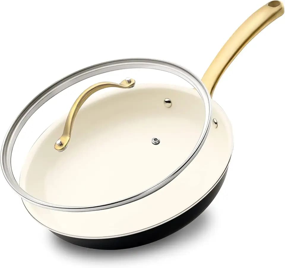 NutriChef Medium Nonstick Ceramic Frying Pan with Lid - Non Toxic 10 Inch Skillet with lid - Induction Compatible pan with Heat Resistance Handle - Easy to Clean and Stain-Resistant