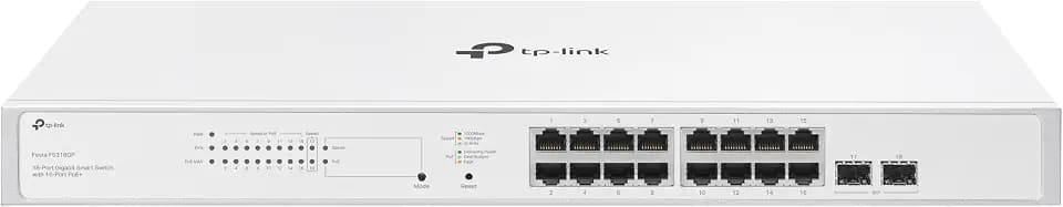 TP-Link Festa FS318GP 18-Port Gigabit Switch, 16× Gigabit 802.3af/at PoE+ Ports, 2× Gigabit-SFP-Steckplätze, 150W Gesamt-PoE-Budget, bis zu 30 W PoE-Leistung pro Port, Kostenlose Cloud-Verwaltung