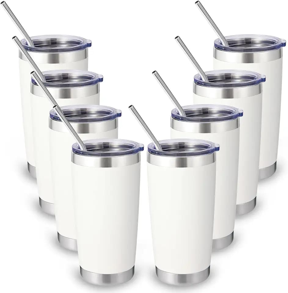 Volhoply 20oz Stainless Steel Tumbler with Lid and Straw Bulk 8 Pack,Double Wall Insulated Travel Iced Coffee Mug Fits Cup holder,Powder Coated Cups for Hot/Cold Drinks,Gifts for Women(White,8 Set)