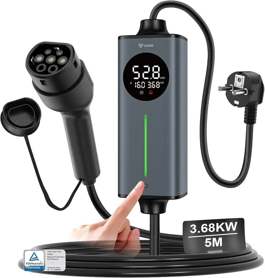 GONEO Typ 2 Ladekabel Schuko 3,68kW 16A 5M für Elektroauto & Plug-in Hybrid | Temperaturschutz, Erdungserkennung,Fehlerstromschutz 30mA AC + 6mA DC,Einstellbarer Ladestrom & Timer,Tragbares EV-Ladegerät