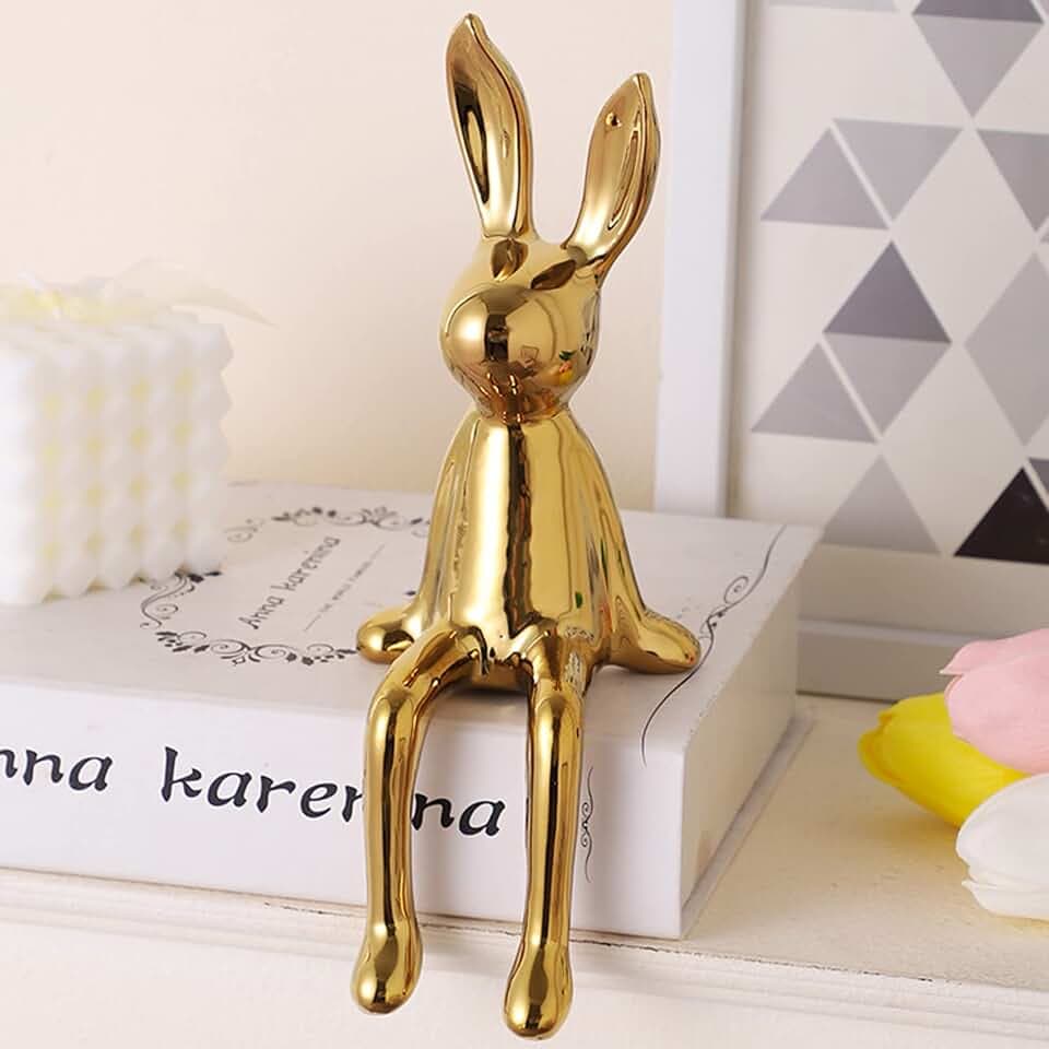 Sitting Bunny Figurine Statue, Ceramic Gold Rabbit Figurines Showpiece for Desk Cabinet Bookshelf Counter Home Hotel Bar Office Decor, Gold