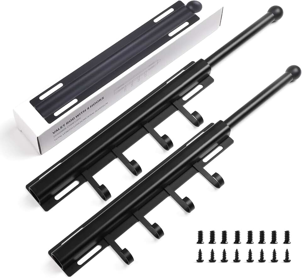 BaiNong Valet Rod for Closets Pull Out 12" Black with 4 Hooks (2Pack)