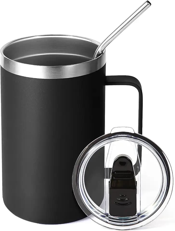 Volhoply 16oz Insulated Coffee Mug with Lid and Straw, Stainless Steel Travel Mugs with Handle, Double Wall Vacuum Leak Proof Coffee Tumbler Cup (Black,1)