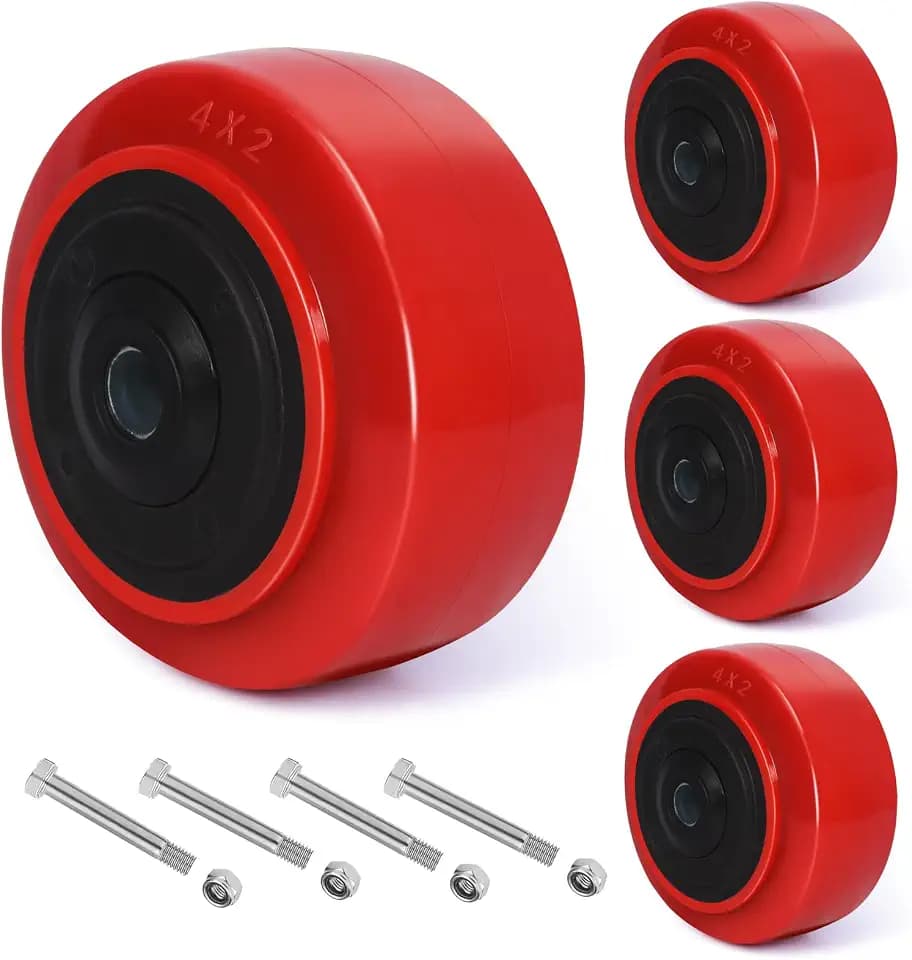 4 Inch Industrial Casters Set of 4, Polyurethane on Polyolefin Core Wheel with Double Roller Bearing- Solid Polyurethane Wheel with 3200 lbs Capacity, Use for Handling, Industrial Trolleys
