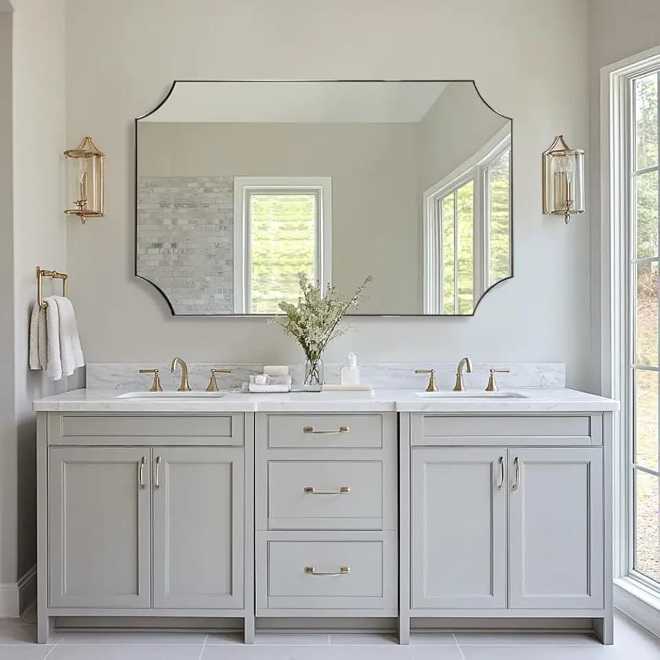 ANDY STAR Brushed Nickel Mirror 30x48 Inch, Large Scalloped Bathroom Mirror, Anti-Rust Stainless Steel Metal Thin Frame Deep 1’’, Unique Rectangle Mirror Hangs Vertically or Horizontally