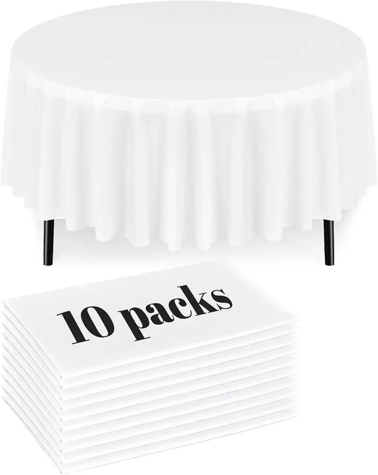 10 Pack 60in White Plastic Table Cloth Disposable for Round Table