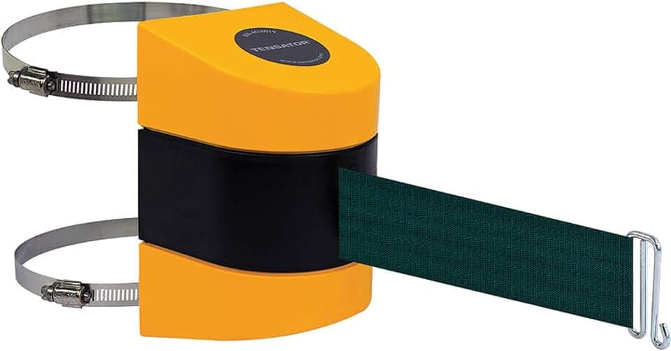 Tensabarrier 897-24-C-35-NO-G6X-A Yellow Concealed Mount Wall Unit with Wire Clip Belt End, 2" Wide, 24' Length, Green Belt, 7.25" Height, 4.75" Width, 4.25" Length