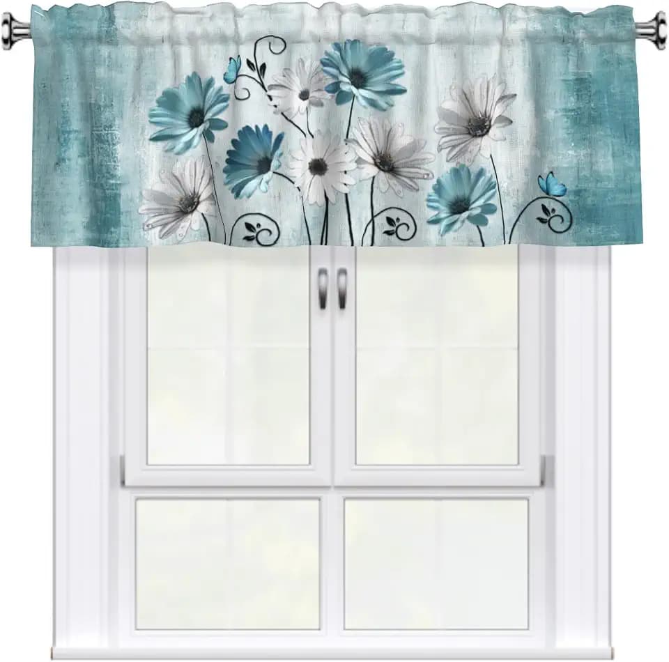 Teal Blue Daisy Valances for Windows Spring Floral Rod Pocket Kitchen Curtain Valance Farmhouse Butterfly Window Treatment for Bathroom Bedroom Living Room 54x18 Inch