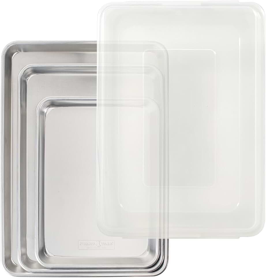 Nordic Ware Naturals 4 Piece Set - USA Made Aluminum Commercial Quality Pans for Baking or Roasting, Encapsulated Galvanized Steel Rim Prevents Warping; Quarter Sheet, Jelly Roll, Half Sheet with Lid