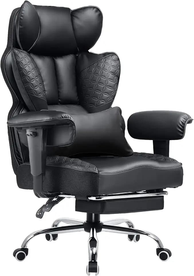 COMHOMA Big and Tall Office Chair Heavy Duty Wide Ergonomic Gaming Chair with Deluxe Embossing Designed Leather with Foot Rest, 145°Reclining Adjustable Armrests Pocket Spring Back Support and Pillow