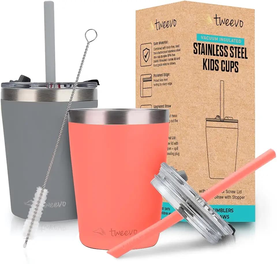 Sippy Cups For Toddlers 1-3 - Toddler Cups w/Screw Lids - Stainless Steel Kids Tumblers With Straws and Lids - 2 Pack