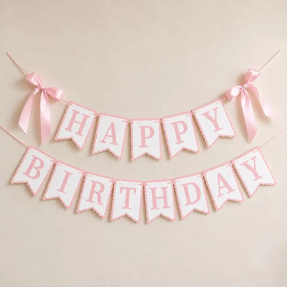 Pink Happy Birthday Banner with Satin Bows, Coquette Bow Birthday Decor