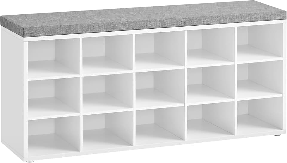 VASAGLE Shoe Bench with Cushion, 15 Compartments, 11.8 x 41.3 x 18.9 Inches