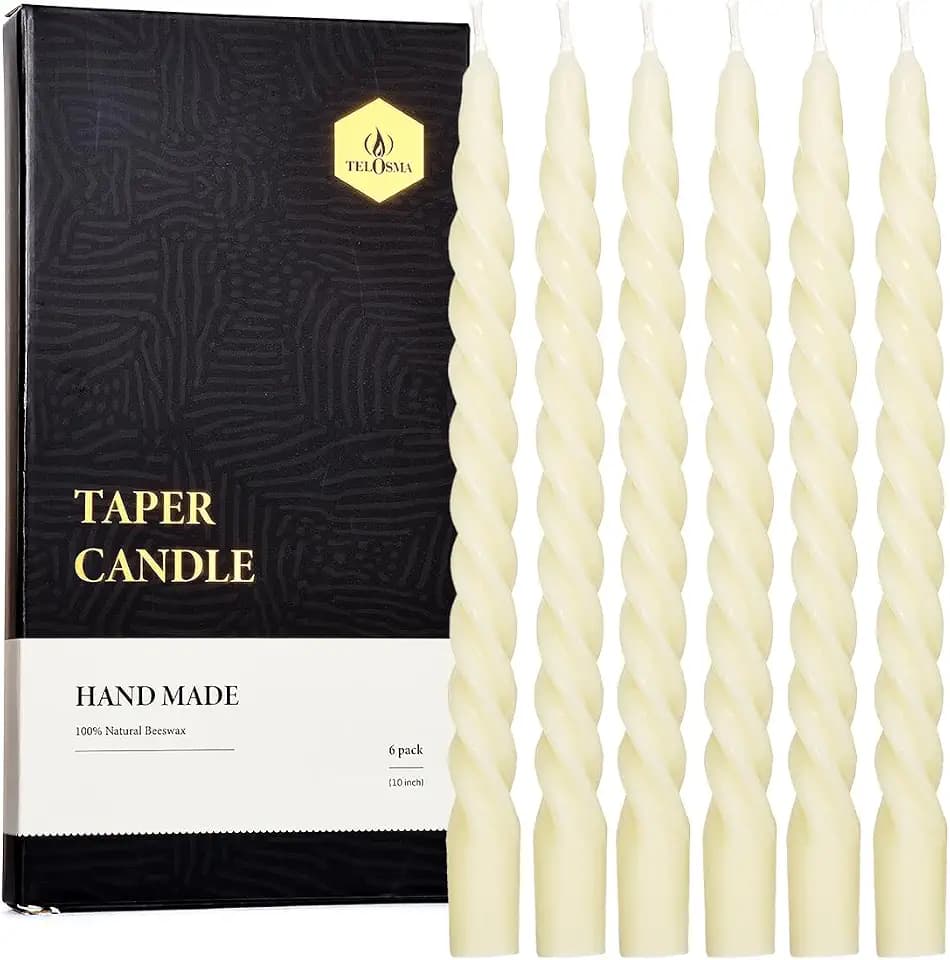 TELOSMA Spiral Beeswax Taper Candles, Dripless, Off White, 10 Inch, 6 Pack