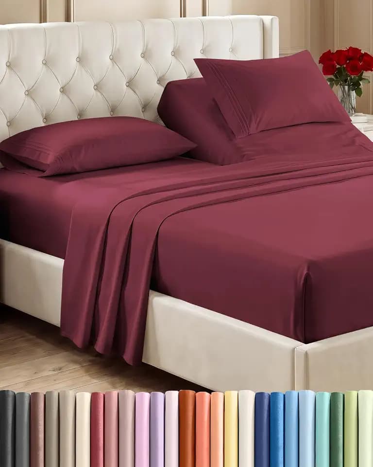 Flex Top Split Head King 4 Piece Sheet Set - Soft & Breathable - Burgundy