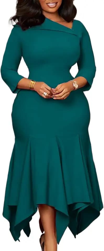 SHINFY Women's Semi Formal Midi Dress 3/4 Sleeve Ruffle Church Dresses