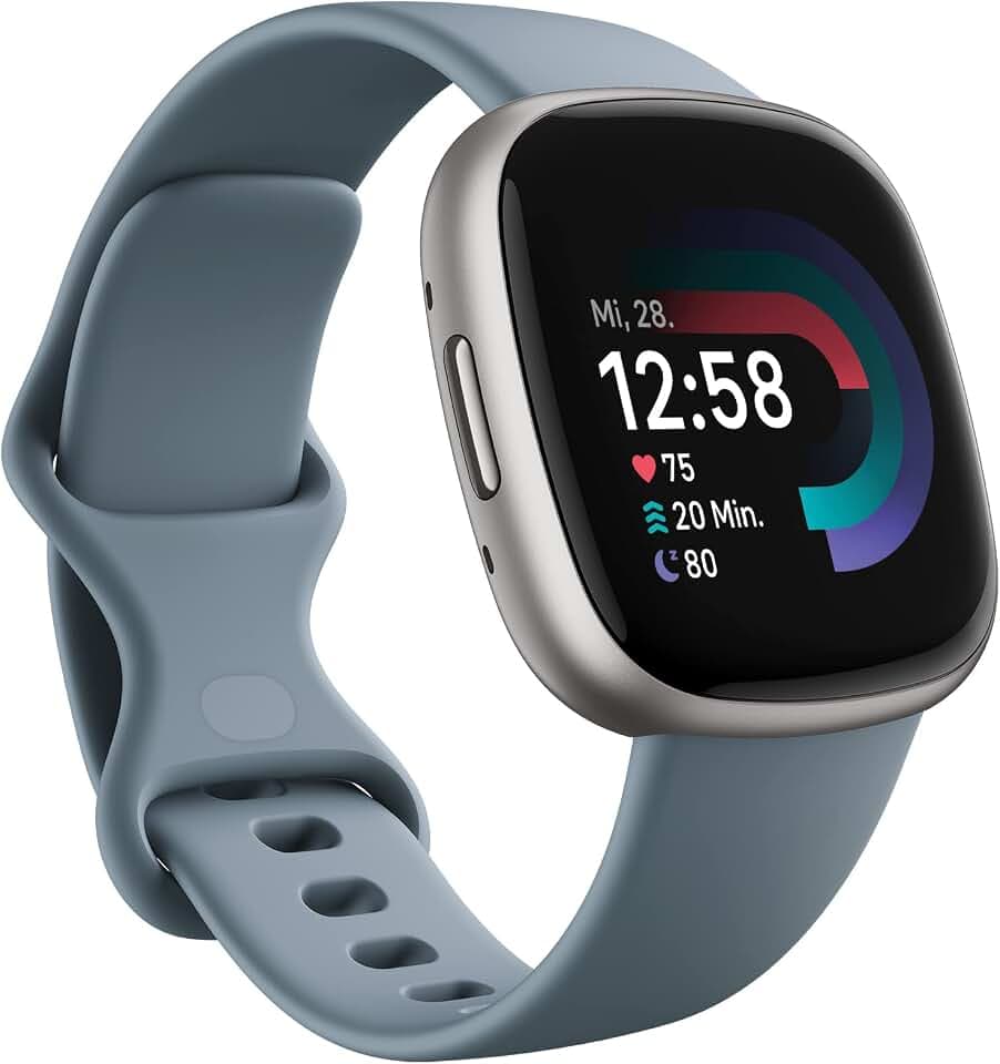 Fitbit Google Versa 4 Smartwatch Fitness Tracker enthält eine 3 monatige Google Health Premium Mitgliedschaft, 6 Tage Akkulaufzeit – Kompatibel mit Android/iOS, Wasserfallblau/Aluminium in Platin