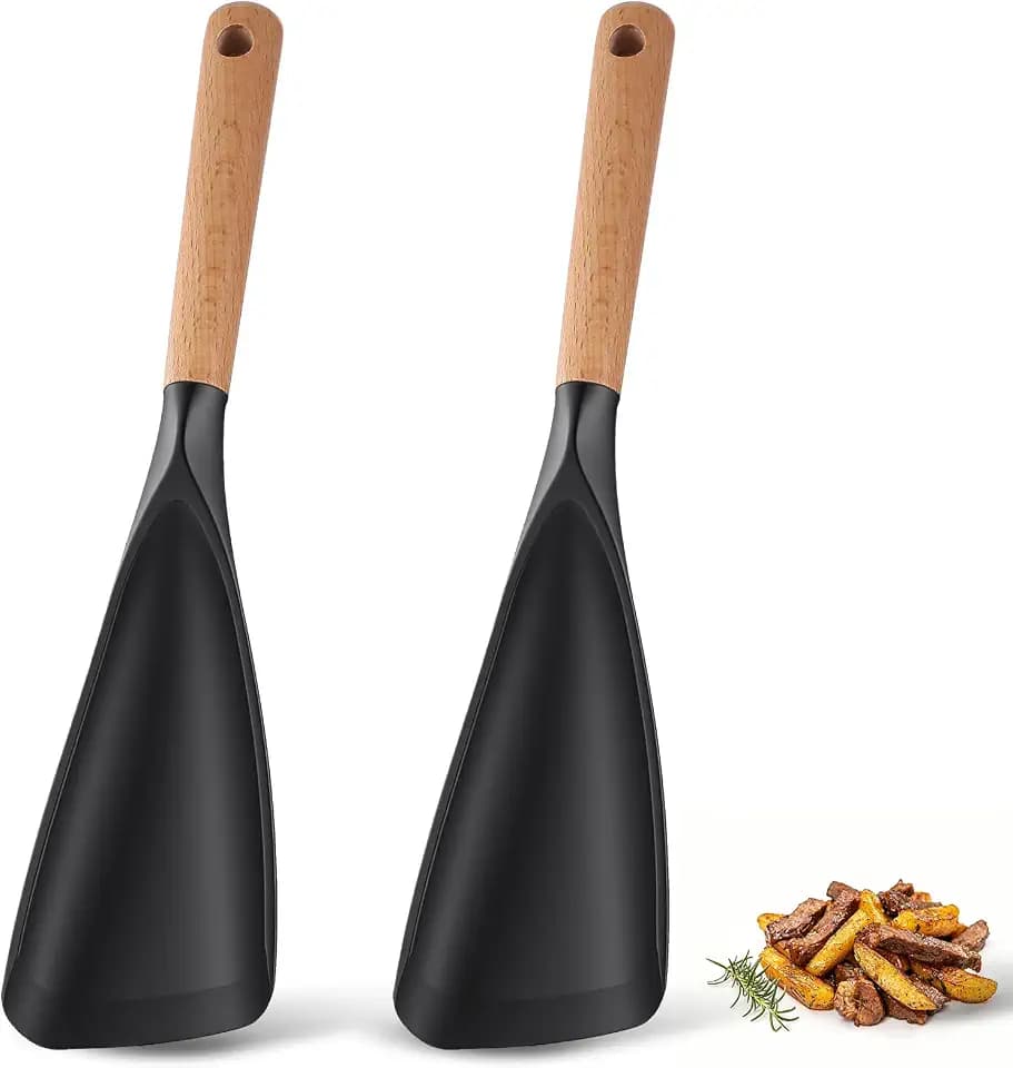 Cooking Spoon for Nonstick Cookwares, Multifunction Spatula Spoon, Great for Both Cooking and Serving, Wood Handle Spoon for Stirring, Mixing, Serving (2, BLACK)