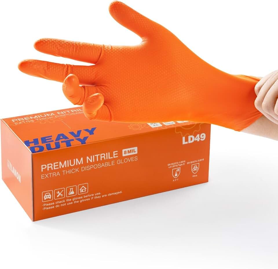 LANON 8 Mil Orange Einweghandschuhe Nitrilhandschuhe, Mechaniker, Langlebig, Lebensmittelecht, Latexfrei, Puderfrei, Volldiamantbeschichtet, XXL