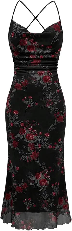 SOLY HUX Women's Floral Mesh Cami Dress Cocktail Wedding Guest Long Dresses