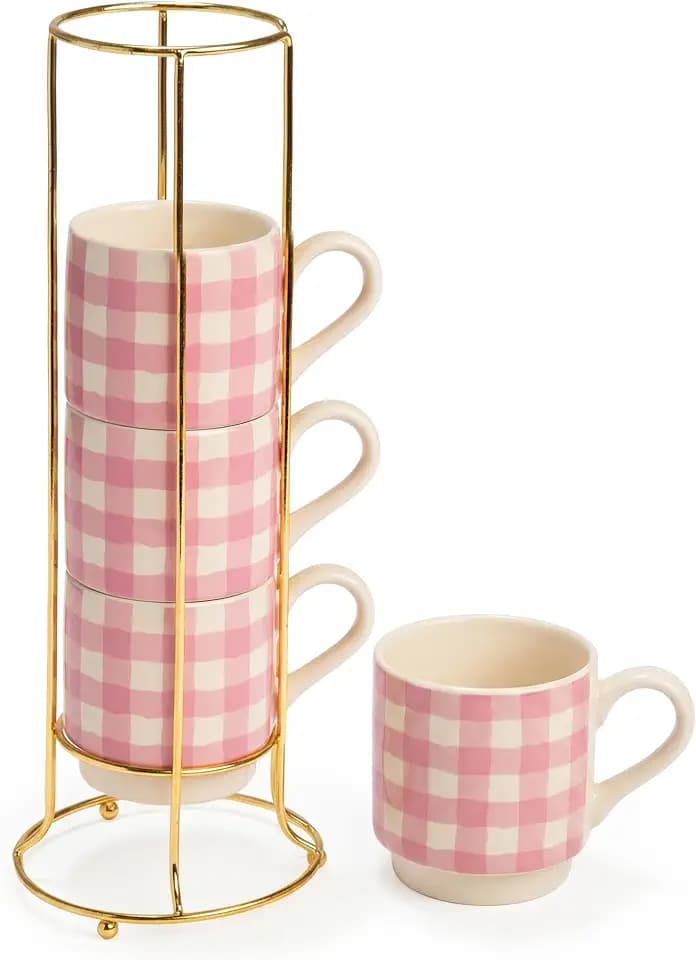 Paris Hilton Stackable Coffee Mug Set with Gold-Tone Rack, Gingham Ceramic Stoneware Cups for Coffee, Tea & Latte, Microwave & Dishwasher Safe, 4-Piece, 10-Ounce, Pink