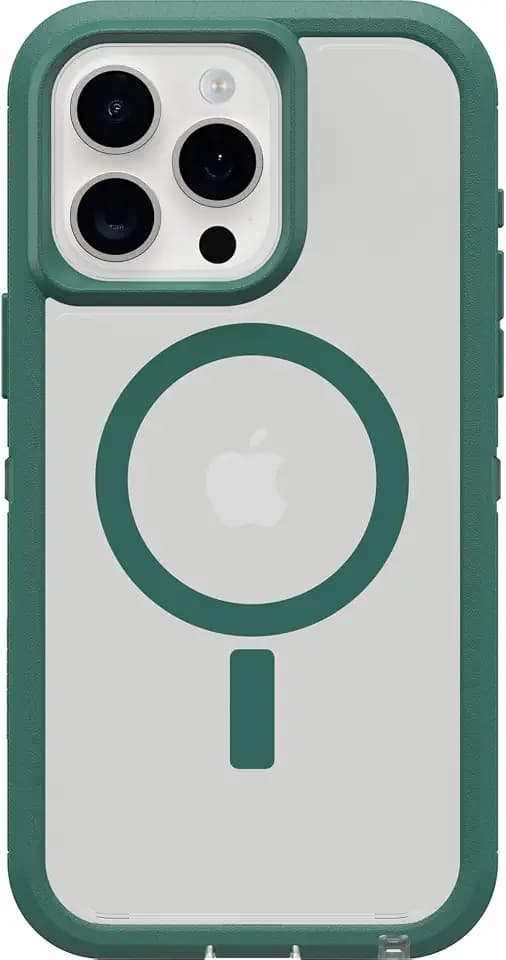 OtterBox iPhone 15 Pro Max Defender Series XT Clear Case - Velvet Evergreen (Clear), Screenless, Rugged, Snaps to MagSage, Lanyard Attachment, Pressure-Fitted Dual-Layer iPhone Case