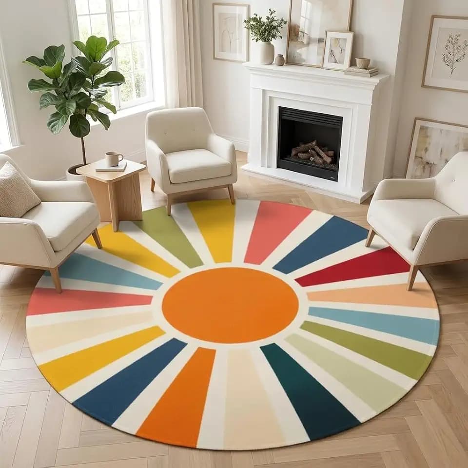 Boho Sun Round Area Rug 4ft,Machine Washable Colorful Rainbow Sunshine Round Rug Non-Slip Circle Rugs Low-Pile,Indoor Floor Carpet Mat for Living Room Bedroom Kitchen Dining Entryway
